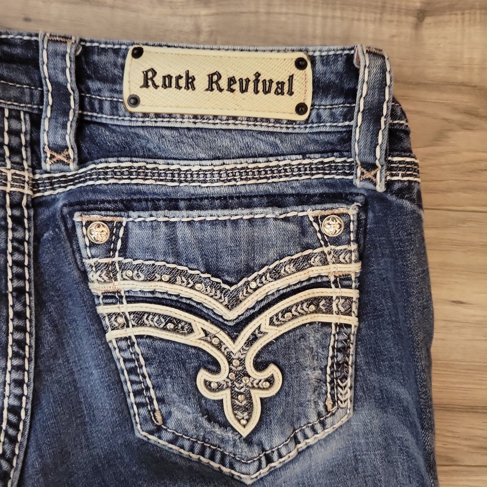 Rock Revival Minh Jeans Womens 32x34 Blue Denim Thick Stitching Nice Fading